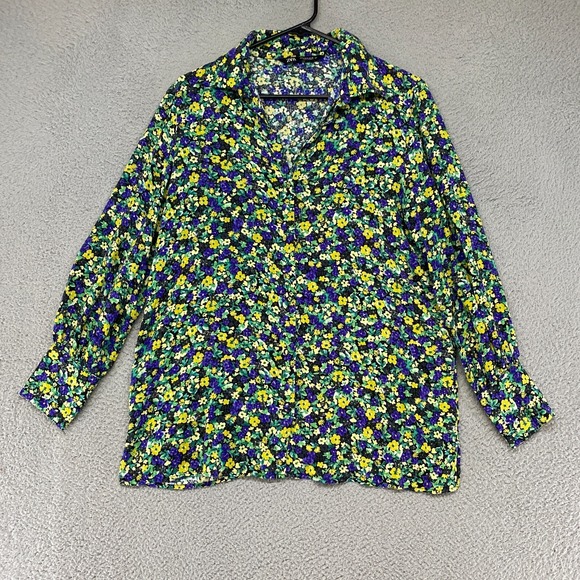 Zara Tops - Zara Top Womens Small Oversized Button Up Long Bishop Sleeve Ditsy Yellow Blue